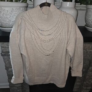 Elegant Cream Turtleneck Sweater with Pearl Details